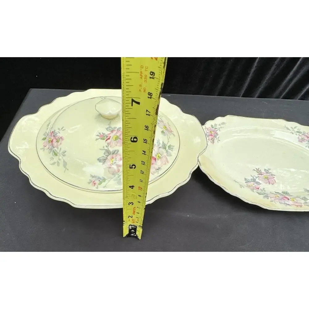 2 Vintage WS George LIDO Canarytone Pink Floral Bowls Serving Dishes -A84